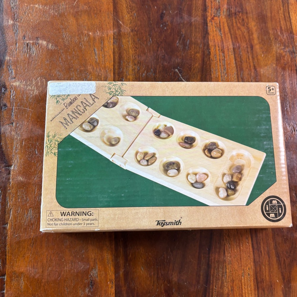 Toysmith Bamboo Mancala Strategy Board Game Folding Wood Set 8139 Natural Stones